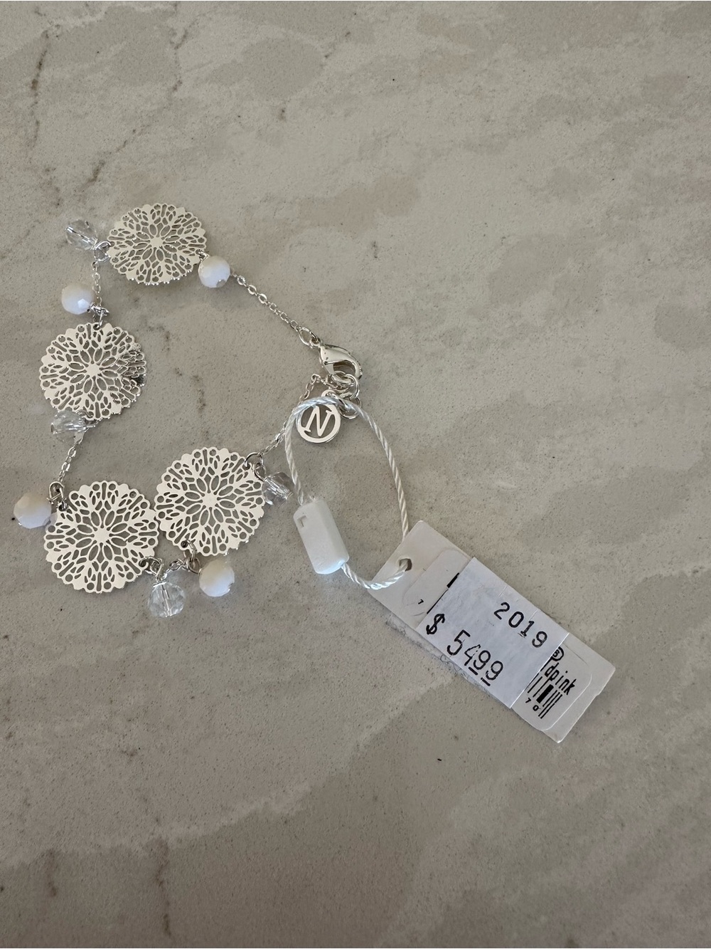 NORA Silver Filigree Disc Bracelet with White Beads an;d Clear Crystals/’/